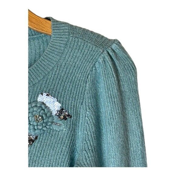 Loft Sweater Women XS Blue Green Fuzzy Knit Puff Sleeve Jewel Crochet Pullover - Picture 6 of 10